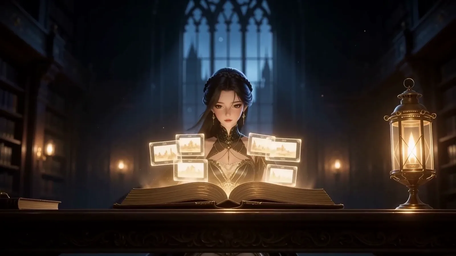 The Chronicler at her desk, reading an open tome while memories rise from its pages as cards of amber light
