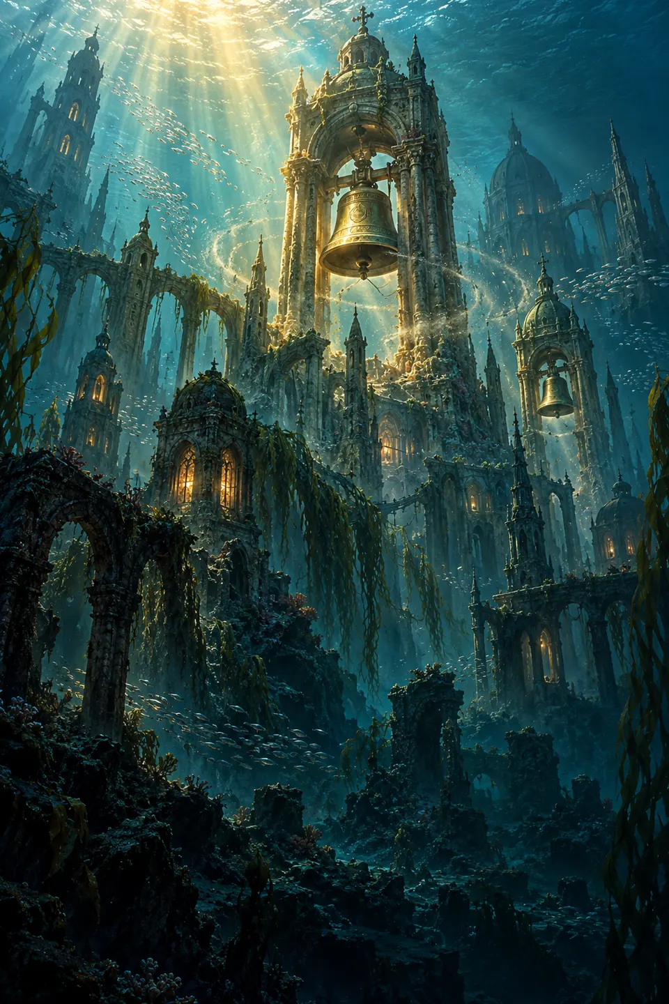 A drowned kingdom: sunken towers under green water, a great bell hanging in light from the surface