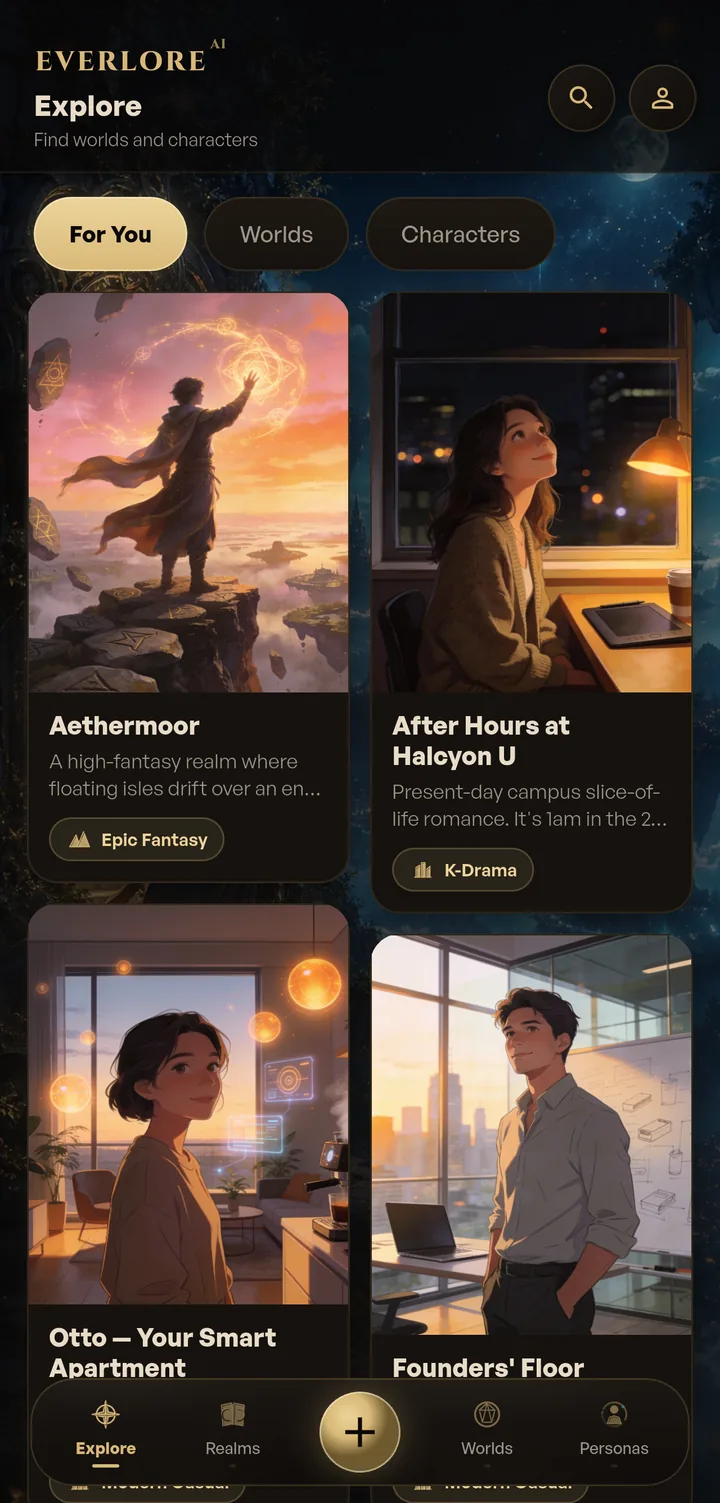 The Everlore Explore screen showing a For You grid of published worlds with generated cover art