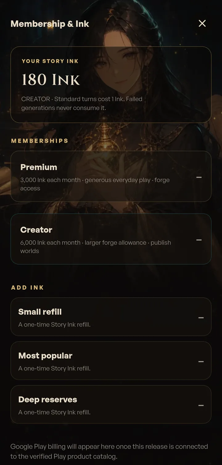 The Membership and Ink screen showing a 180 Ink balance, Premium and Creator plans, and Ink refills
