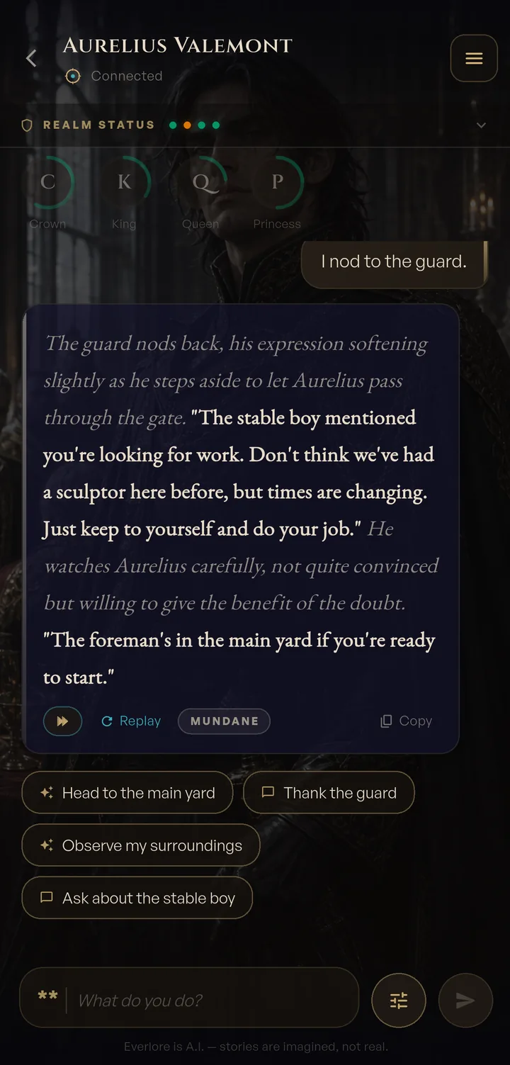 The Everlore play screen: the realm Aurelius Valemont, live stat rings for Crown, King, Queen and Princess, a streamed passage of narration, and four suggested next moves