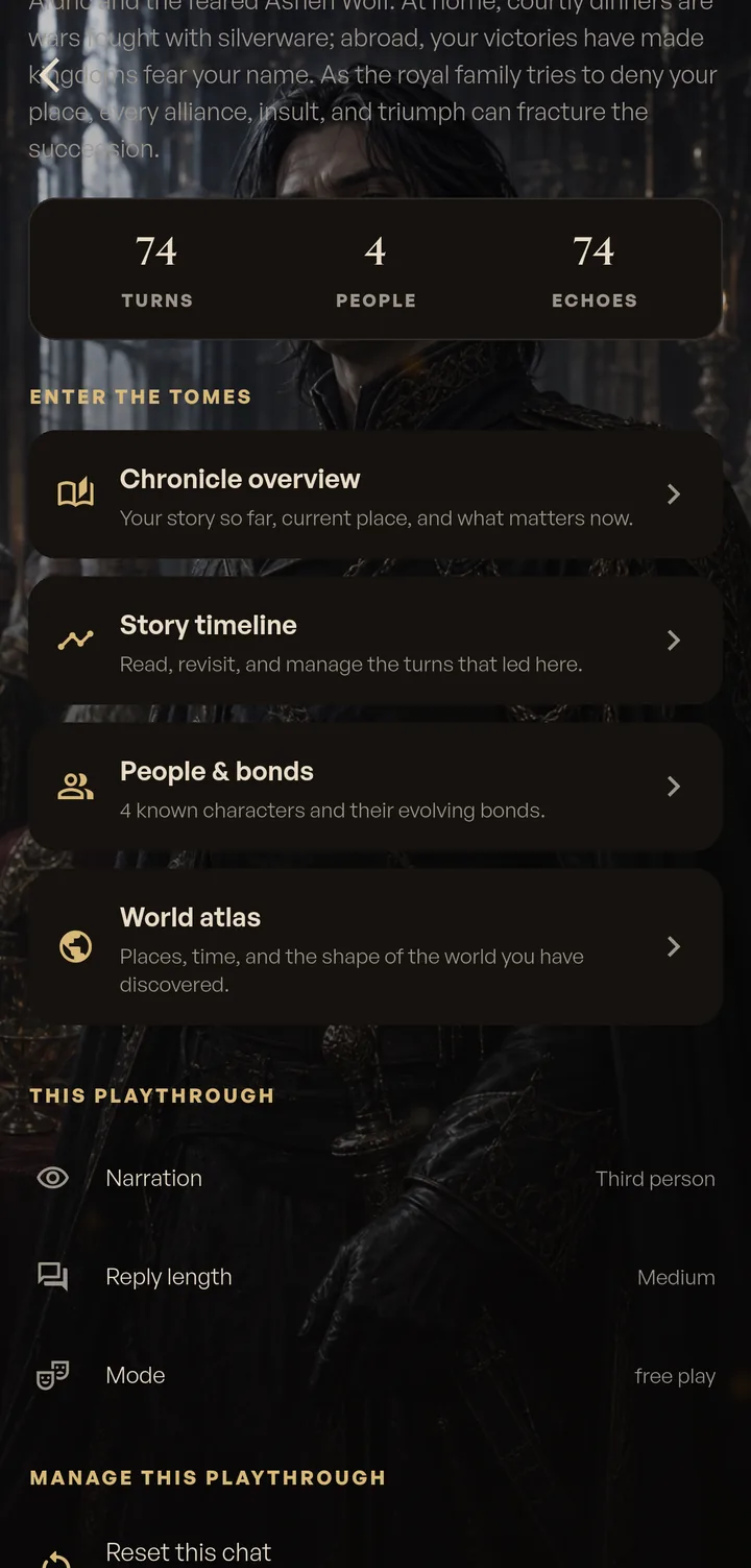 The realm overview screen showing 74 turns, 4 people, 74 echoes and links into the four tomes