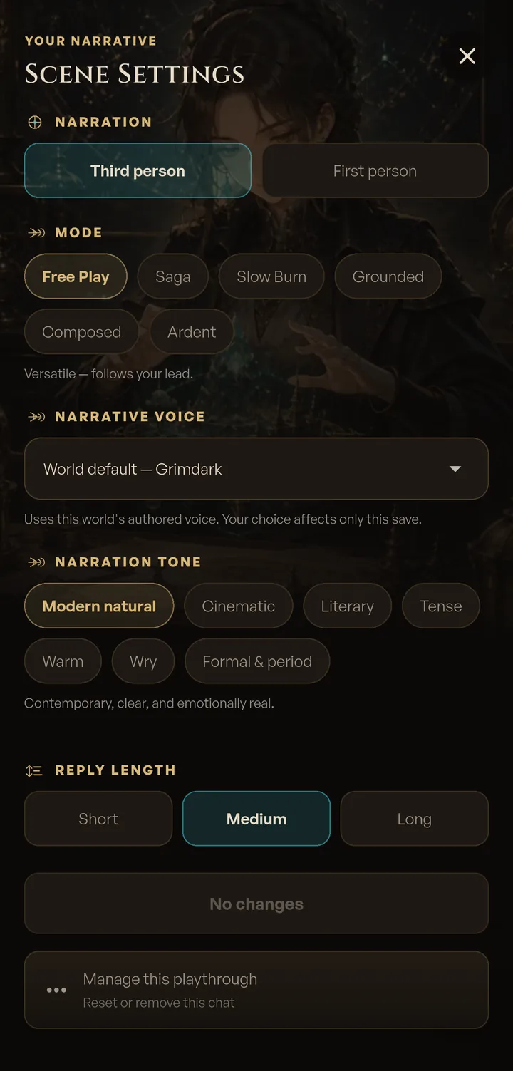 The Scene Settings sheet with narration point of view, chat mode, narrative voice, narration tone and reply length