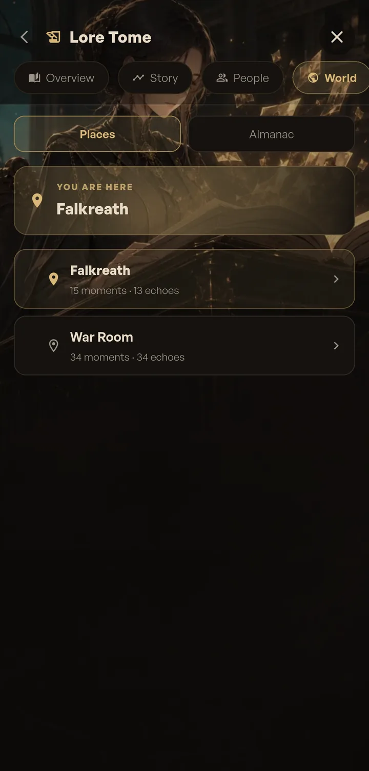 The Lore Tome World tab showing a you-are-here marker on Falkreath and a list of discovered places