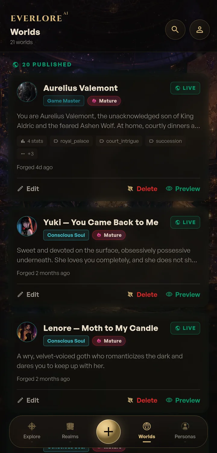 The Worlds screen listing the player’s own created worlds with live badges and edit controls